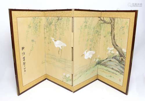 Japanese four-leaf screen painted with Great White Egrets, e...