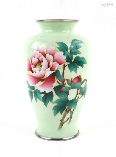 Japanese cloisonne green ground vase with pink floral decora...