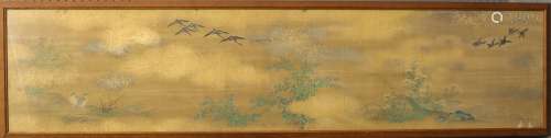 Early 20th century Japanese painting on silk depicting geese...