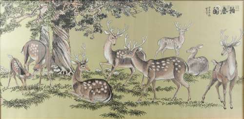 20th century Chinese silk work picture depicting deer beneat...