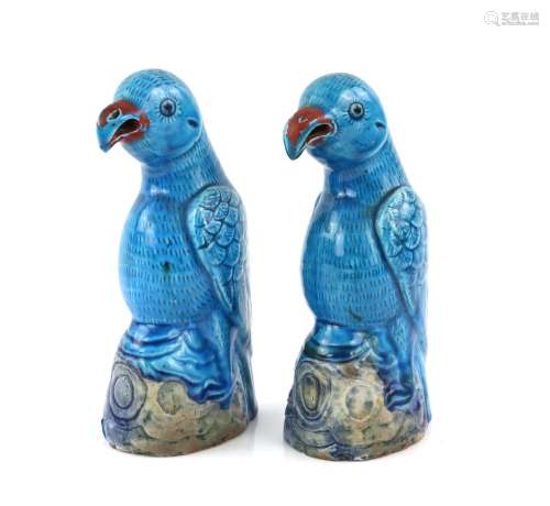 Pair of Chinese export turquoise glazed parrots, 19.5cm high...
