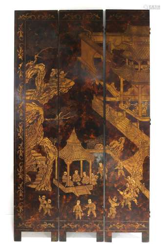 20th century Chinese black lacquered six-fold screen decorat...