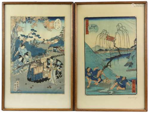 Two Japanese woodblock prints, one depicting ladies in an ou...