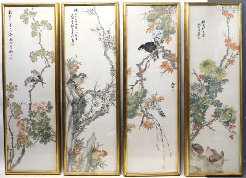 Four Japanese watercolours depicting birds on flowering bran...