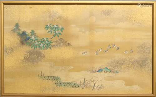 Early 20th century Japanese painting on silk depicting birds...