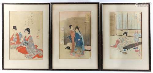 Three early 20th century Japanese woodblock prints depicting...
