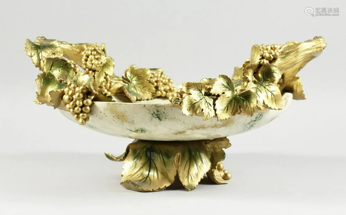 A ITALIAN POTTERY AND GLASS FRUITING VINE DISH, 15 ins