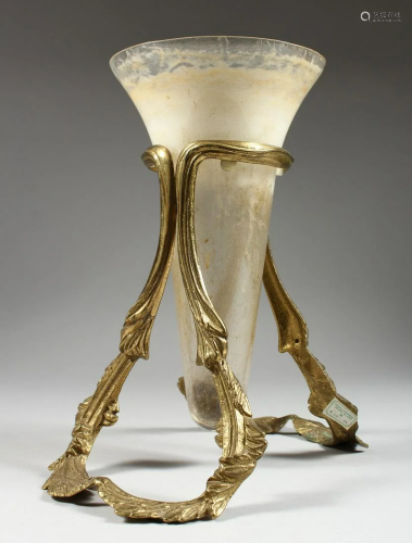 A FROSTED GLASS TRUMPET VASE in a gilt frame, 10.5 in.