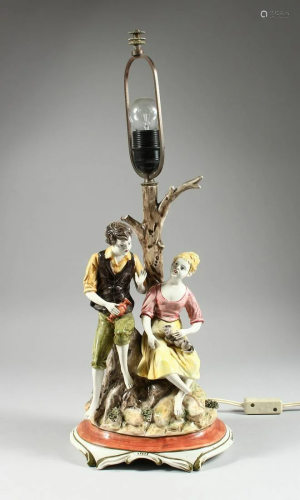 A CONTINENTAL PORCELAIN LAMP, a couple beneath a tree,