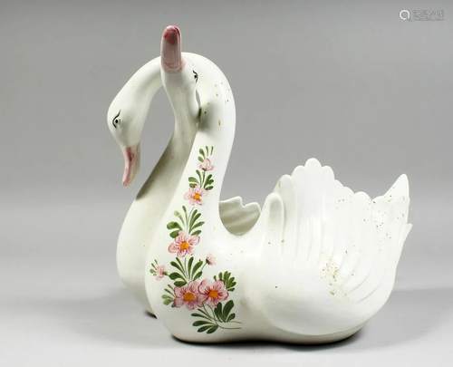 A CONTINENTAL POTTERY ENTWINED SWAN BOWL, 11ins high.