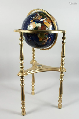 A HARDSTONE TERRESTRIAL GLOBE OF THE WORLD on a metal