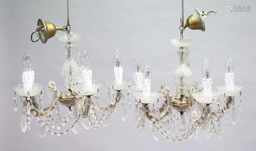 A SMALL PAIR OF ITALIAN GLASS FIVE LIGHT CHANDELIERS