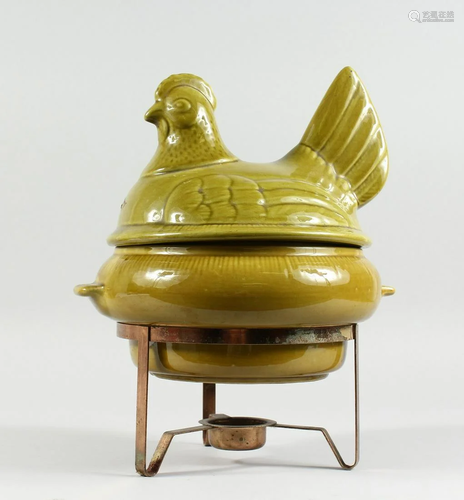 A POTTERY HEN TUREEN AND COVER on a metal stand, 13 ins