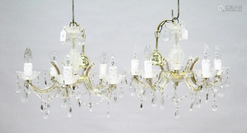 A SMALL PAIR OF ITALIAN GLASS FIVE LIGHT CHANDELIERS