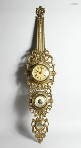 A FOUR DIAL CLOCK BAROMETER in a gilded frame, 31.5