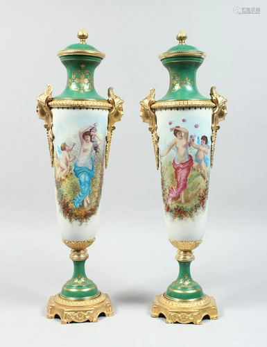 A GOOD PAIR OF SEVRES DESIGN TWO HANDLED VASE AND …