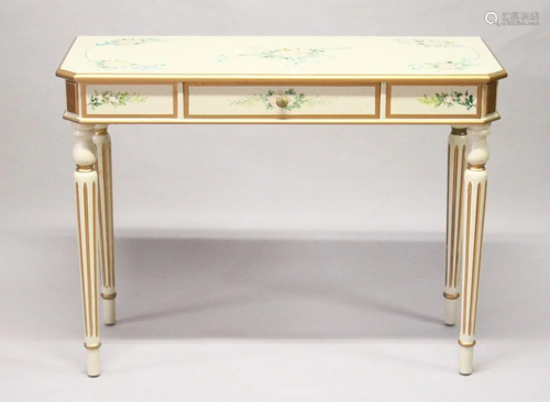 A CREAM AND GILT SINGLE DRAWER SIDE TABLE painted with