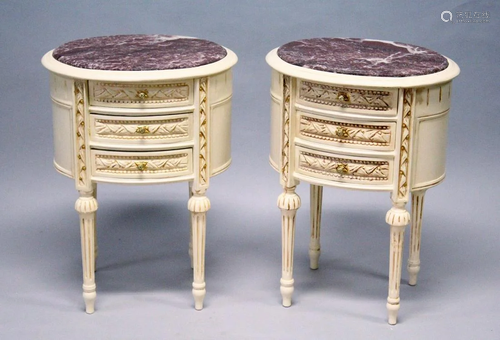 A PAIR OF FRENCH STYLE CREAM PAINTED THREE DRAWER