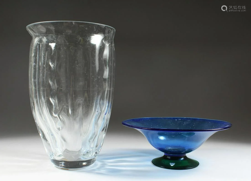 A PLAIN GLASS VASE 13 ins. high and A BLUE GLASS DISH