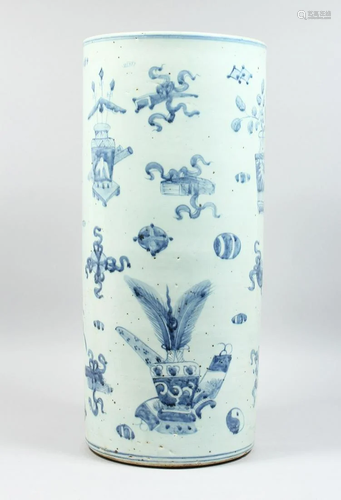 A CHINESE BLUE AND WHITE STICK STAND 22 ins high.