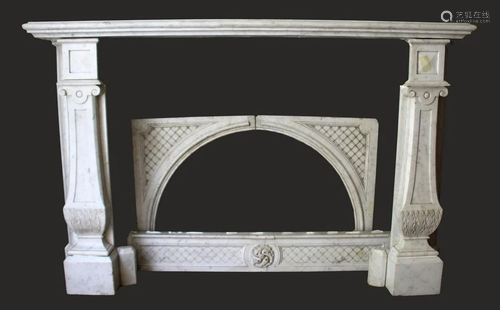 A GOOD CARVED MARBLE FIREPLACE, with broad mantle