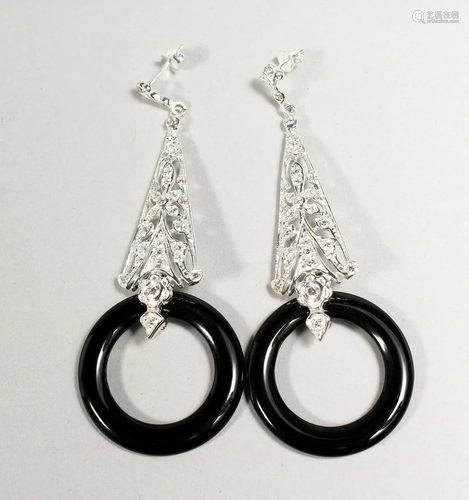 A PAIR OF SILVER BLACK AGATE DECO STYLE LONG DROP