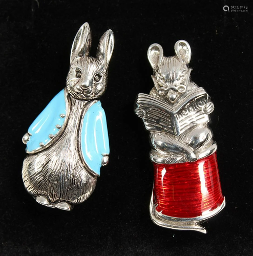 TWO SILVER AND ENAMEL BEATRIX POTTER BROOCHES