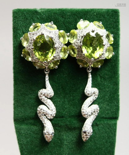 A PAIR OF SILVER PERIDOT SNAKE EARRINGS