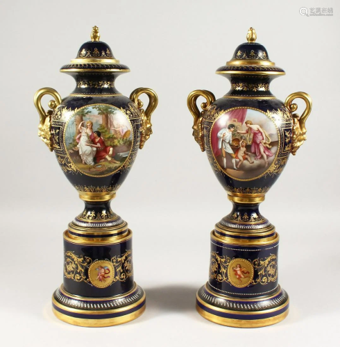 A SUPERB PAIR OF VIENNA VASES, COVERS AND STANDS, the