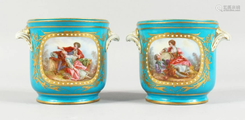 A GOOD PAIR OF SEVRES BLUE GROUND CACHE POTS 4.5 ins