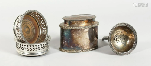 AN OVAL CADDY AND COVER, WINE STRAINER AND PAIR OF WINE