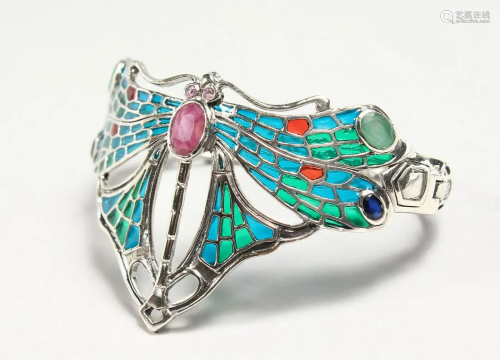 A SILVER RUBY EMERALD SAPPHIRE AND ENAMEL DRAGONFLY