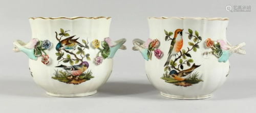 A GOOD PAIR OF DRESDEN TWO HANDLED CACHE POTS 4.5 ins