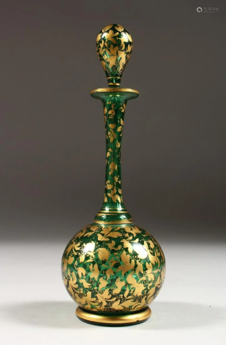 A BOHEMIAN GREEN AND GILT SCENT BOTTLE AND STOPPER. 7