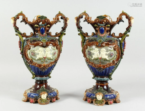 A GOOD PAIR OF CONTINENTAL POTTERY MAJOLICA …