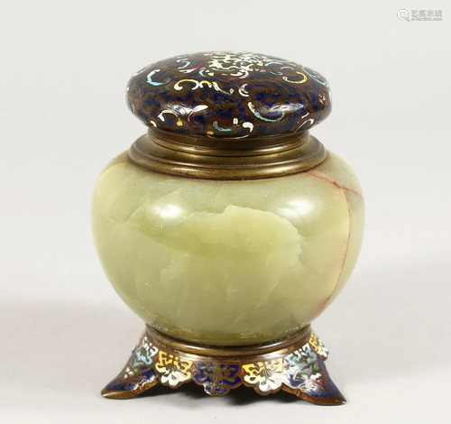 A 19TH CENTURY ONYX AND CLOISONNE ENAMEL INKWELL.