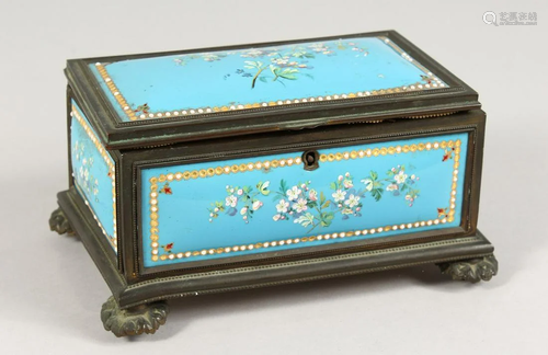 A 19TH CENTURY FRENCH BLUE ENAMEL JEWELLERY BOX, blue