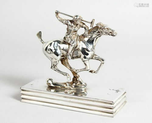 A POLO TROPHY, A PLATED HORSE AND RIDER (car mascot) on