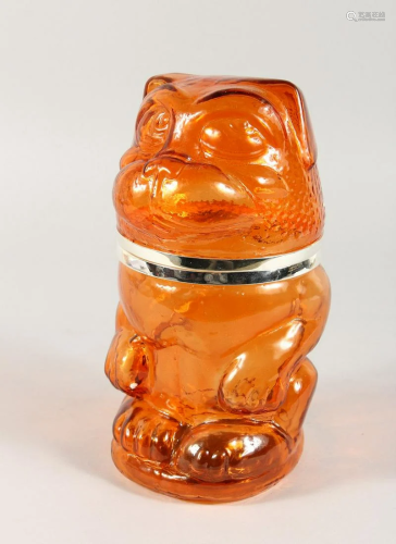 AN AMBER GLASS PUG BISCUIT BARREL