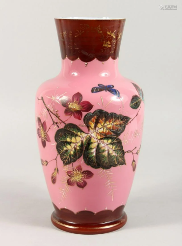 A LARGE VICTORIAN OPAQUE VASE painted with flowers and