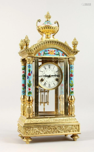 A CLOISONNE REGULATOR CARRIAGE CLOCK 21 ins high with