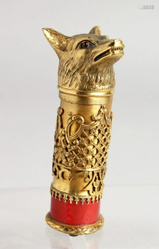 A SUPERB RUSSIAN SILVER GILT AND ENAMEL DOG'S HEAD