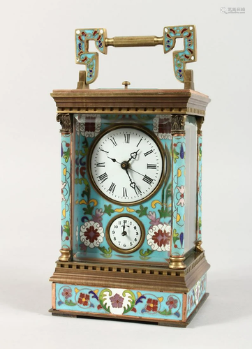 A CLOISONNE ENAMEL CARRIAGE CLOCK 6 ins high.