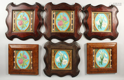 SIX MINTON MAJOLICA SQUARE TILES. 7ins x 7ins, four in