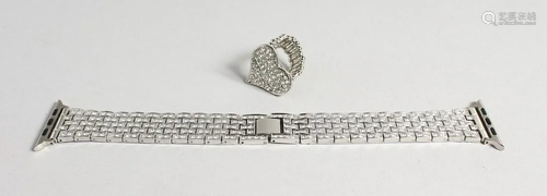 A METAL AND CRYSTAL WATCH STRAP AND RING