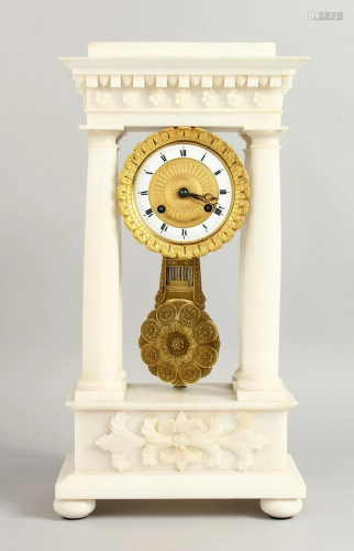 A SUPERB FRENCH EMPIRE WHITE ALABASTER PILLAR CLOCK by