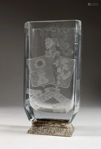 A GOOD POSSIBLY BACCARAT GLASS VASE engraved with coat