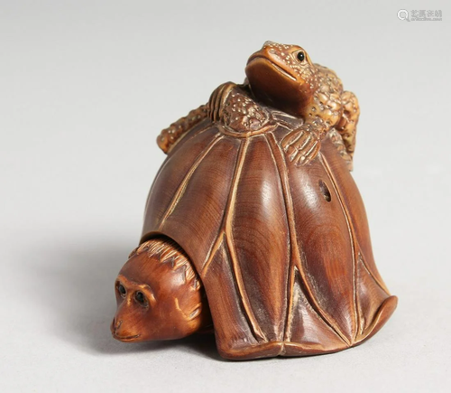 A JAPANESE CARVED WOOD TORTOISE AND FROG CARVING