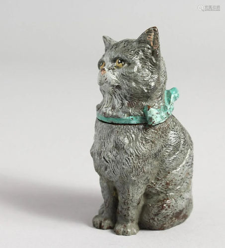 A GOLD PAINTED BRONZE SEATED CAT INKWELL 3.5 ins high