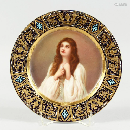 A GOOD VIENNA CIRCULAR PLATE, blue and gilt border, the